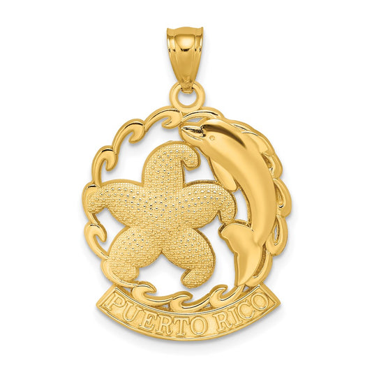 14k Yellow Gold PUERTO RICO Starfish and Dolphin In Wave Charm