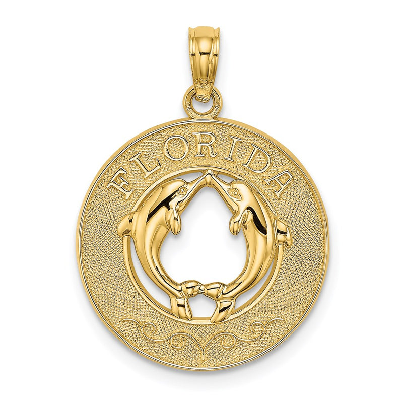 14k Yellow Gold FLORIDA w/Dolphins Circle Charm