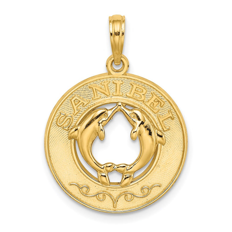 14k Yellow Gold SANIBEL w/Dolphins Circle Charm