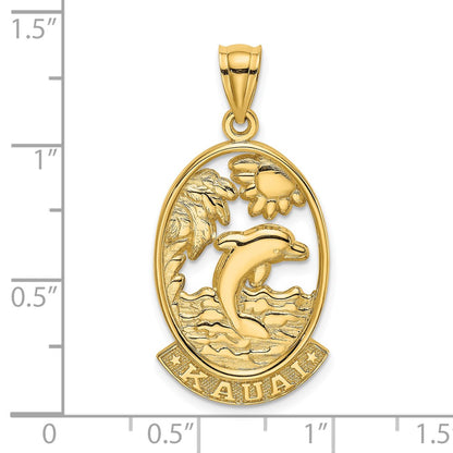 14k Yellow Gold Polished KAUAI w/ Dolphins and Waves Charm