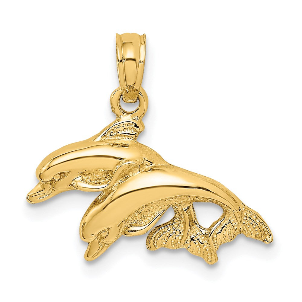14k Yellow Gold 2-D Polished Double Dolphins Jumping Left Charm