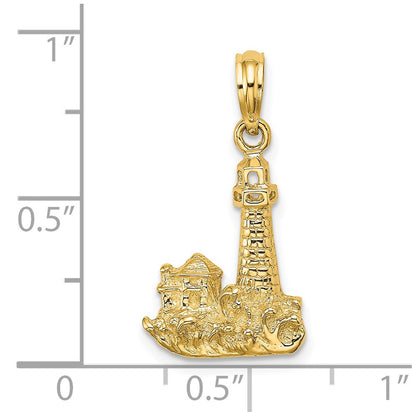 14k Yellow Gold 2-D Lighthouse W/ Waves and Buildings Charm
