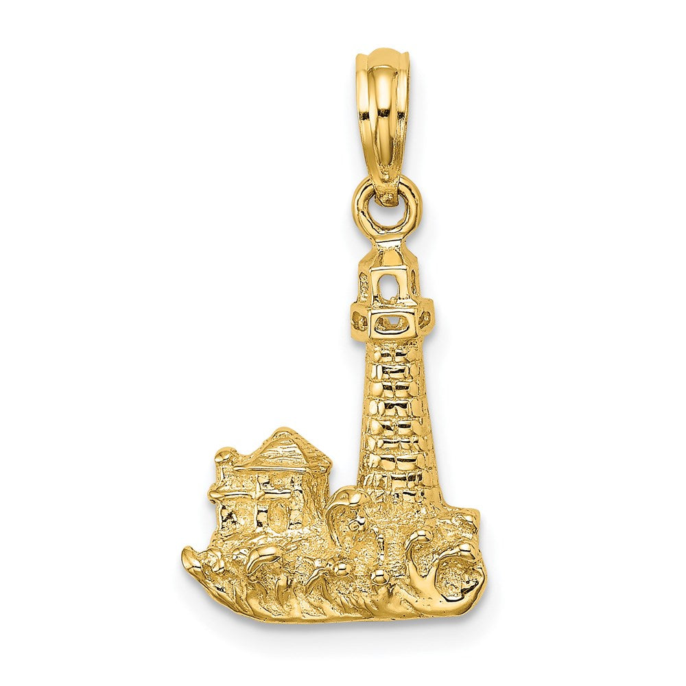 14k Yellow Gold 2-D Lighthouse W/ Waves and Buildings Charm