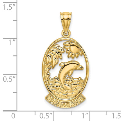 14k Yellow Gold HAWAII w/ Dolphins in Waves Charm
