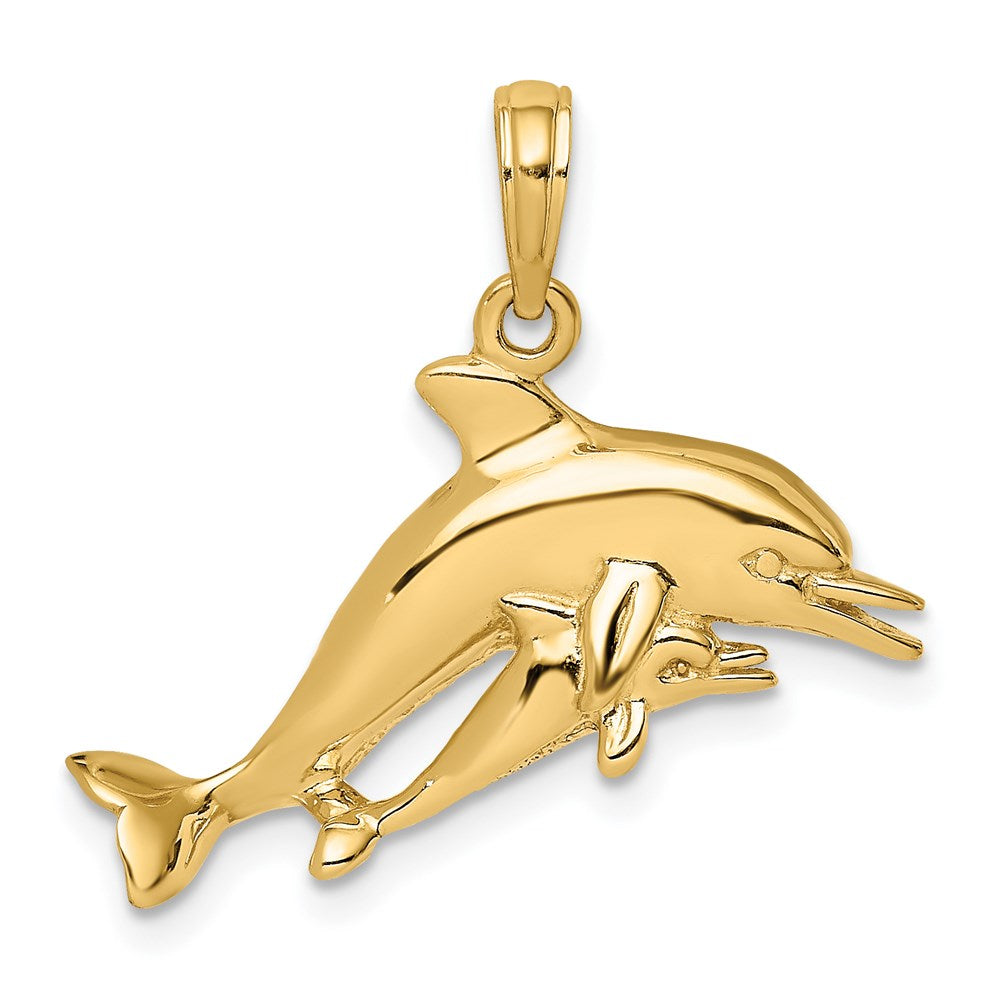 14k Yellow Gold 2-D Double Dolphins Swimming Charm
