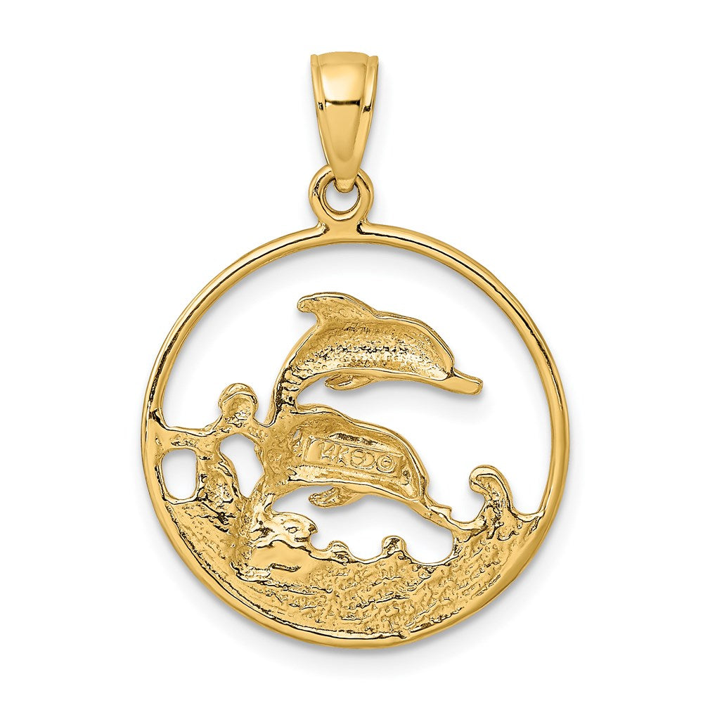 14k Yellow Gold Double Dolphins In Circle Charm
