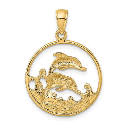 14k Yellow Gold Double Dolphins In Circle Charm