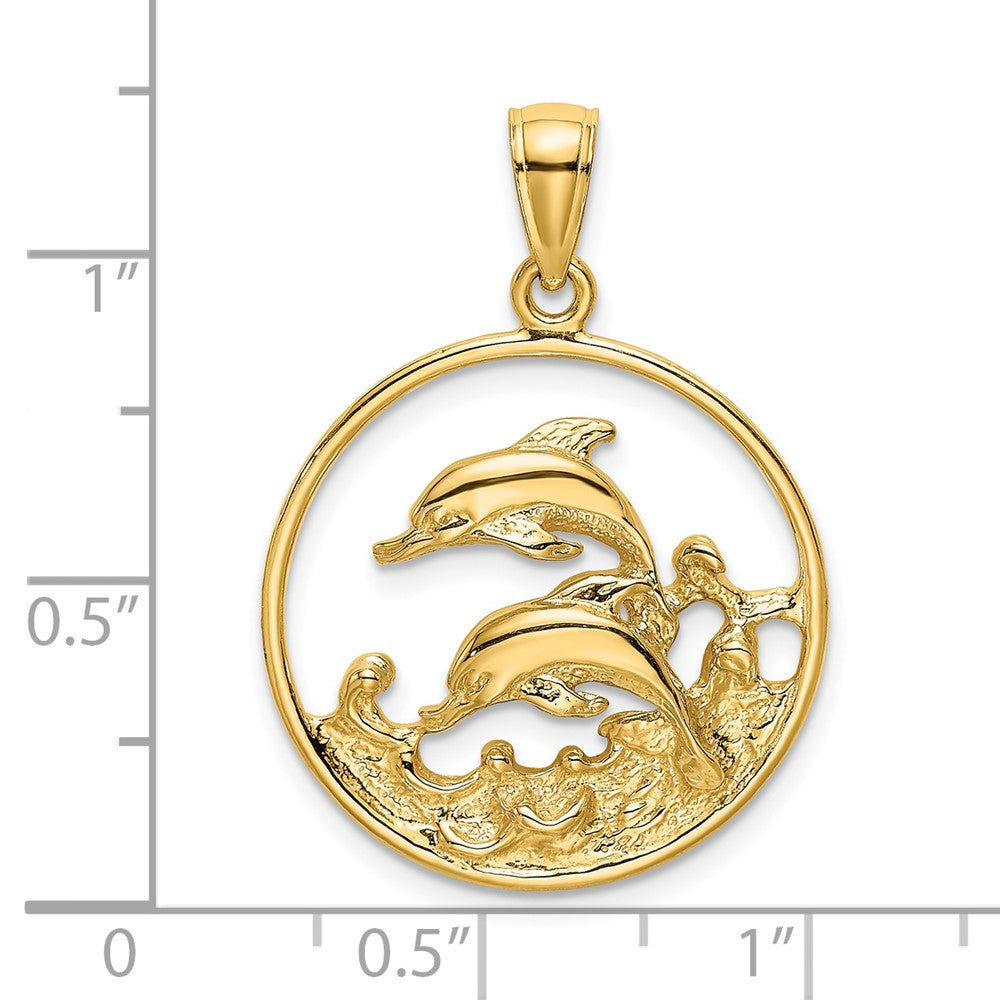 14k Yellow Gold Double Dolphins In Circle Charm
