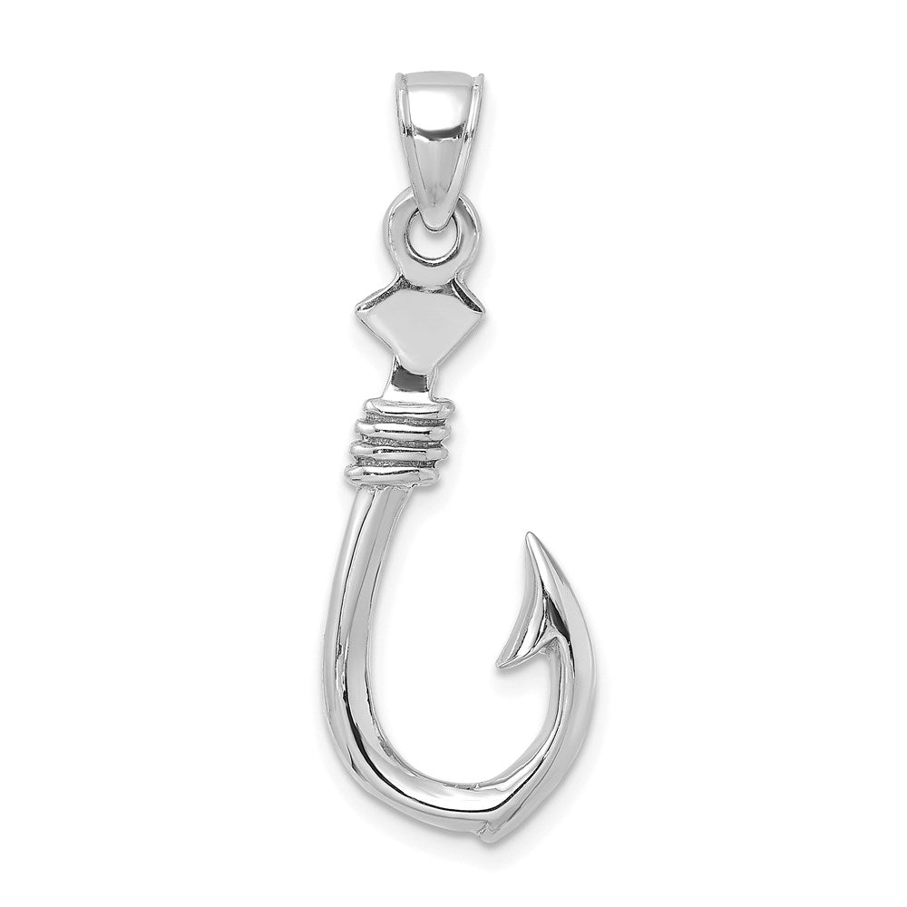 14k White Gold 3-D Large Fish Hook with Rope Charm