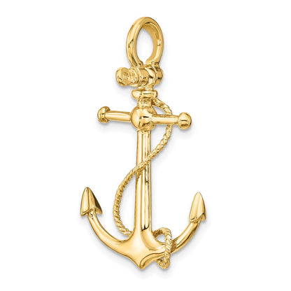 14k Yellow Gold 3-D Anchor W/Long T Bar and Shackle Bail Charm