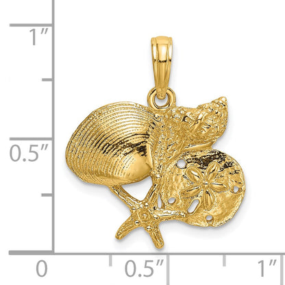 14k Yellow Gold Polished Shell Starfish and Sand Dollar Cluster Charm