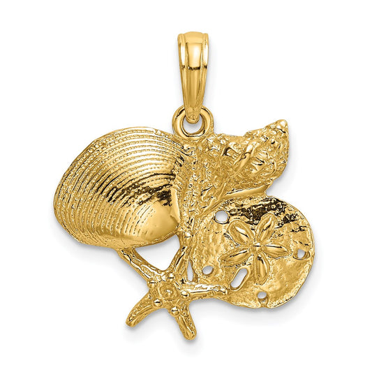 14k Yellow Gold Polished Shell Starfish and Sand Dollar Cluster Charm