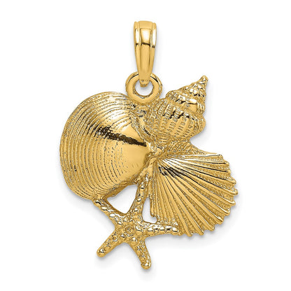 14k Yellow Gold Textured Shell Cluster and Starfish Charm