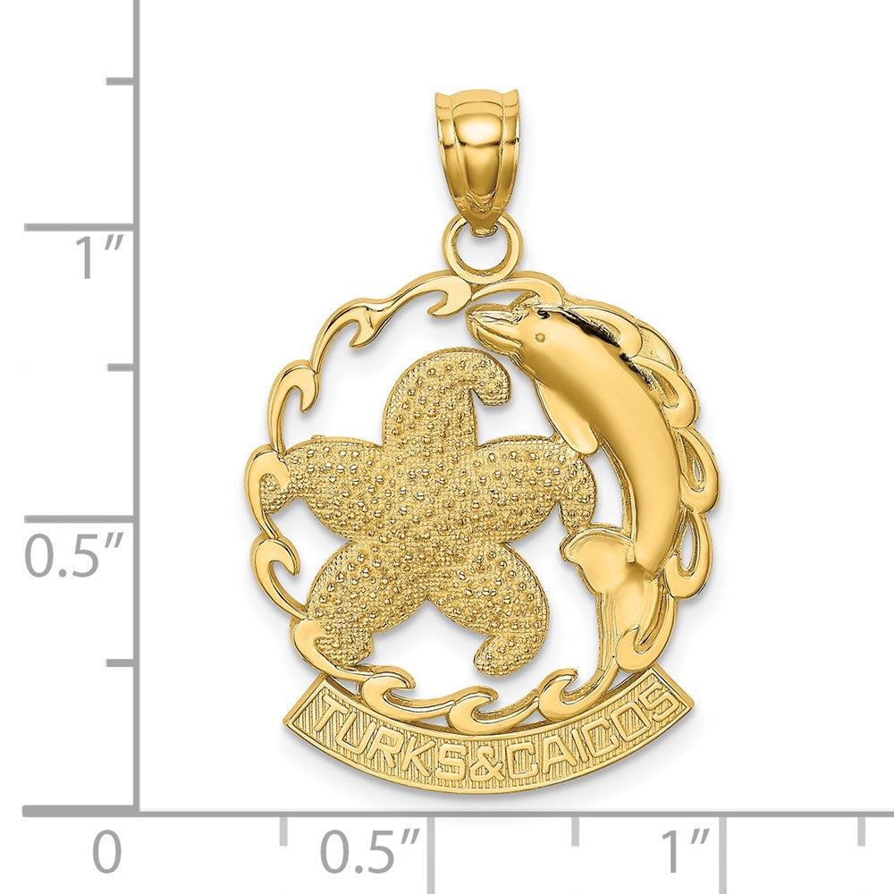 14k Yellow Gold TURKS AND CAICOS Starfish and Dolphin In Wave Charm