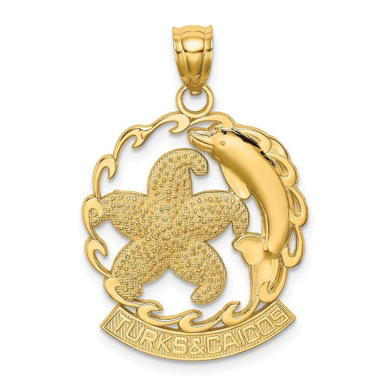14k Yellow Gold TURKS AND CAICOS Starfish and Dolphin In Wave Charm