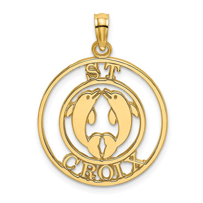 14k Yellow Gold ST. CROIX w/ Two Dolphins In Circle Charm