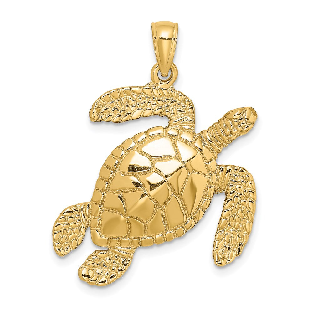 14k Yellow Gold Large Textured Swimming Sea Turtle Charm