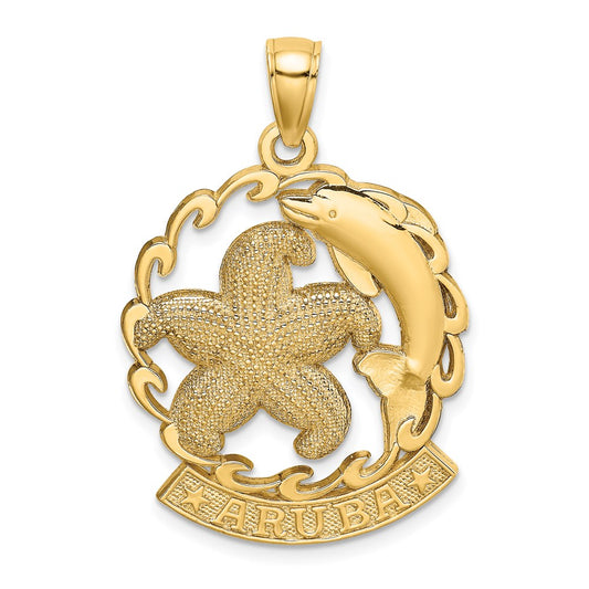 14k Yellow Gold ARUBA Under Starfish and Dolphin In Wave Charm