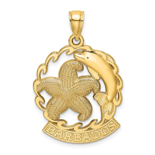 14k Yellow Gold BARBADOS Starfish and Dolphin In Wave Charm