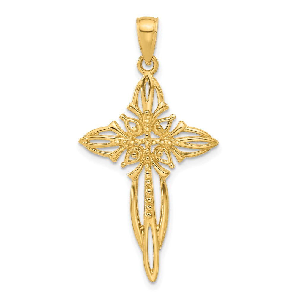 14k Yellow Gold Polished and Cut-Out Beaded Cross