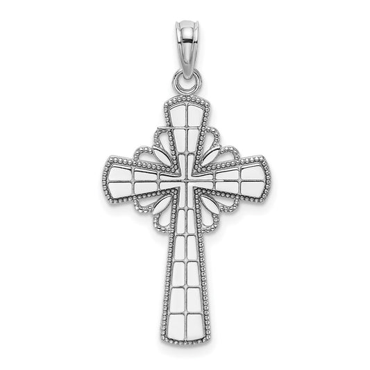 14k White Gold W/ Beaded Edge Grid Accent Cross Charm
