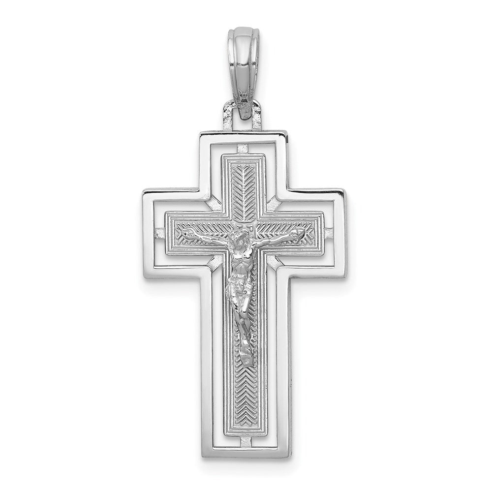 14k White Gold Textured Crucifix w/ Frame Charm