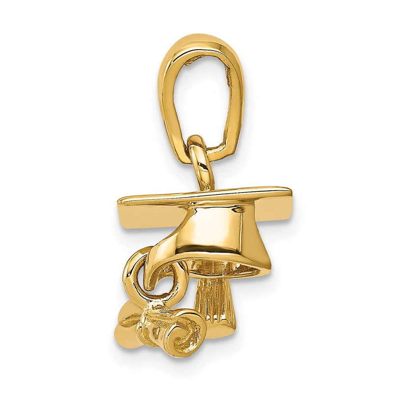 14k Yellow Gold Solid Polish 3D Moveable Graduation Cap w/Diploma Pendant