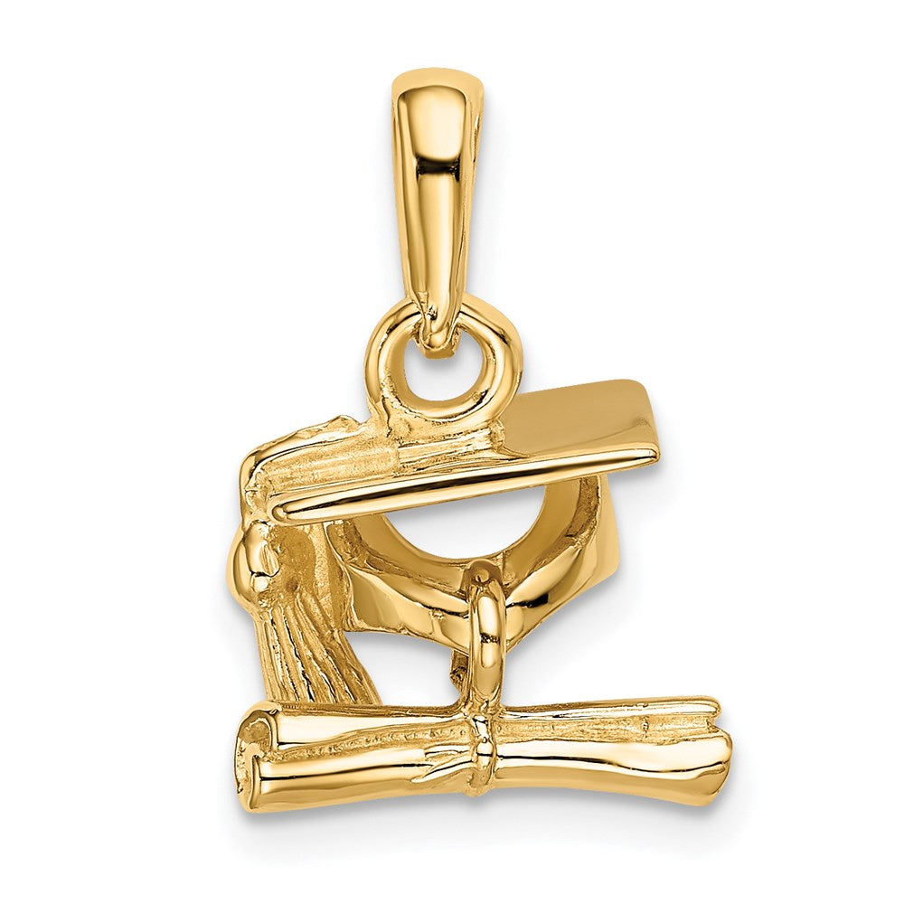 14k Yellow Gold Solid Polish 3D Moveable Graduation Cap w/Diploma Pendant