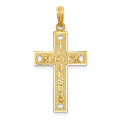 14k Yellow Gold Cut-Out Heart w/I LOVE JESUS on Reverse Crucifix Charm