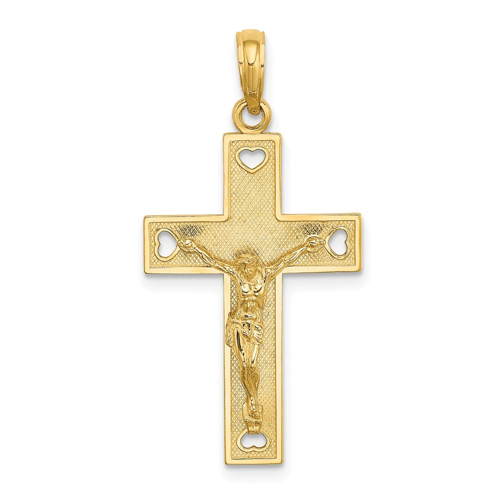 14k Yellow Gold Cut-Out Heart w/I LOVE JESUS on Reverse Crucifix Charm