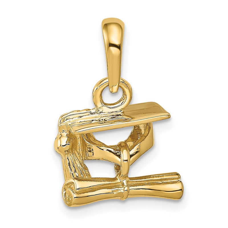 14k Yellow Gold Solid Polish 3D Moveable Graduation Cap w/Diploma Pendant