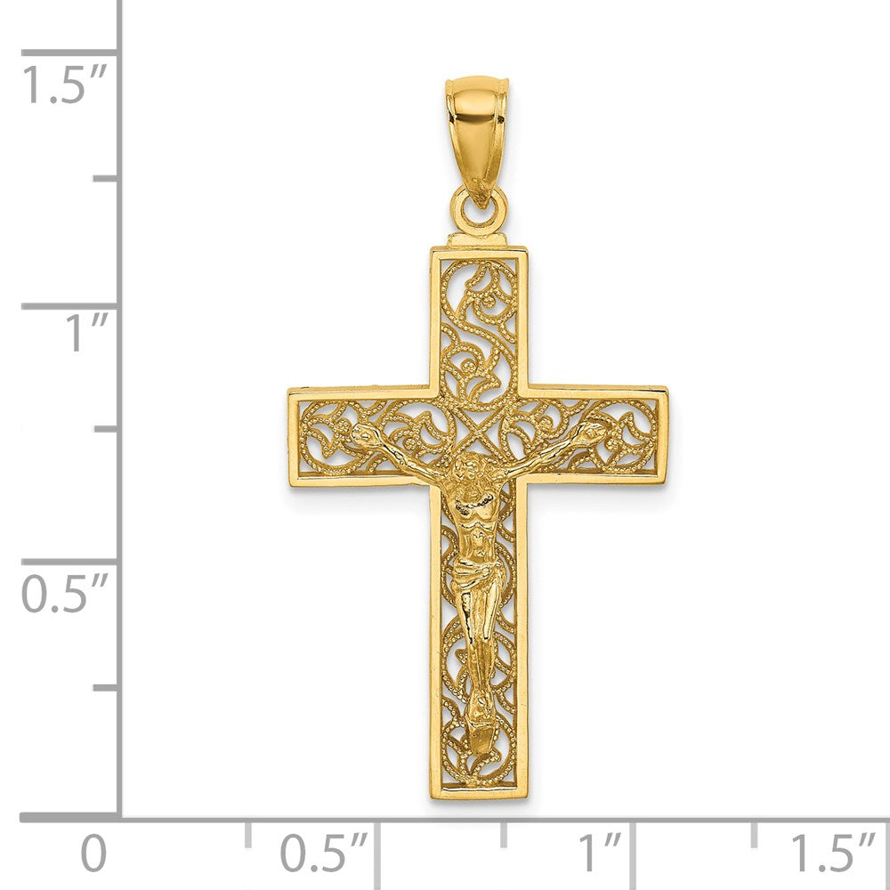 14k Yellow Gold Textured Swirl Design Crucifix Charm