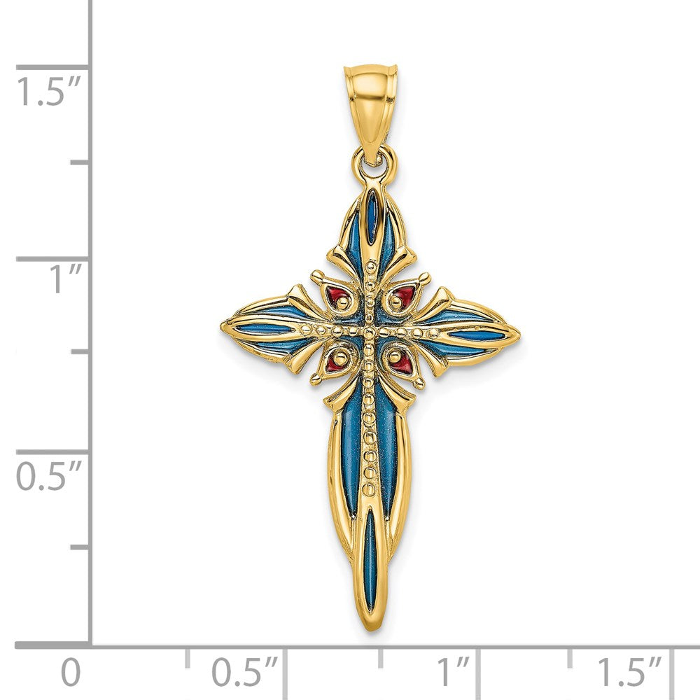 14k Yellow Gold Blue and Red Enameled Cross Charm