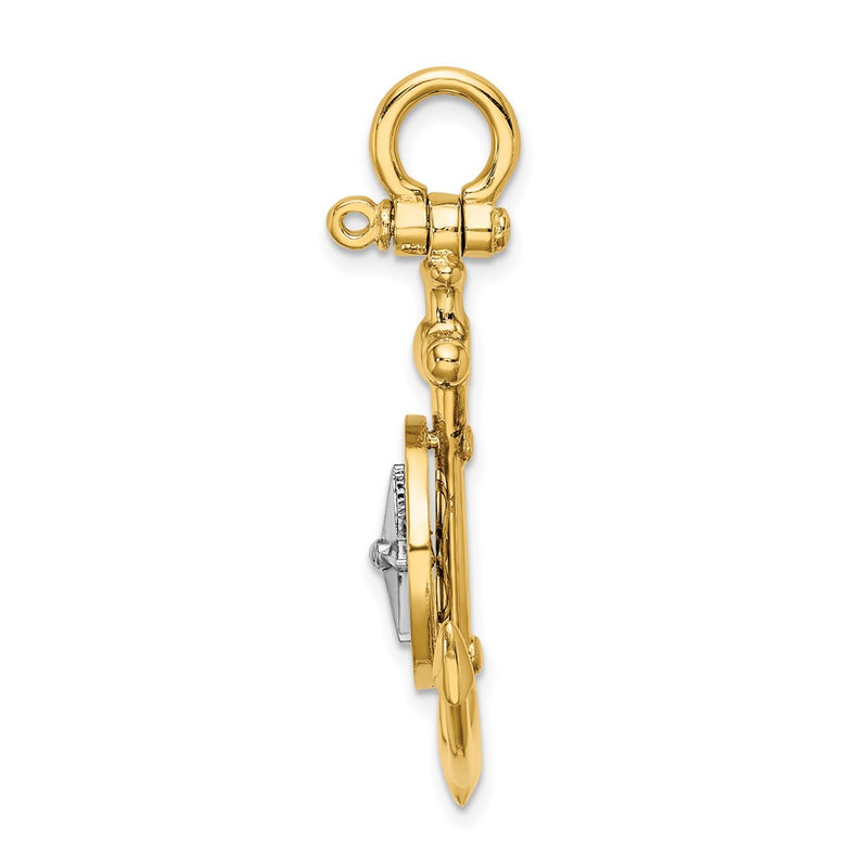 14k Two-tone Gold 3-D Anchor w/ Compass and Rhodium Needle Charm