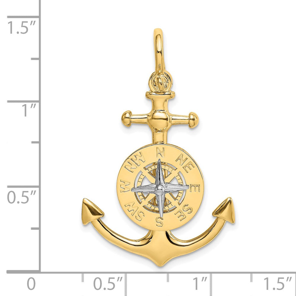 14k Two-tone Gold 3-D Anchor w/ Compass and Rhodium Needle Charm