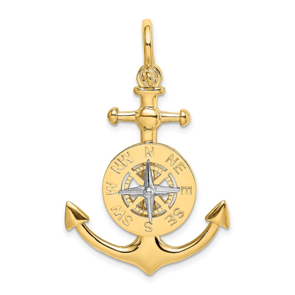 14k Two-tone Gold 3-D Anchor w/ Compass and Rhodium Needle Charm
