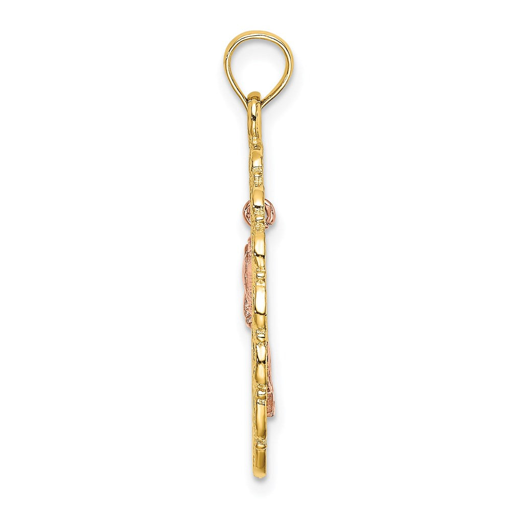 14k Two-tone Gold Two-tone Gold Textured Oval Frame Dangling Rose Charm