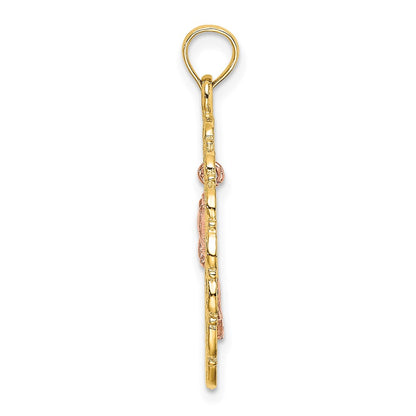 14k Two-tone Gold Two-tone Gold Textured Oval Frame Dangling Rose Charm
