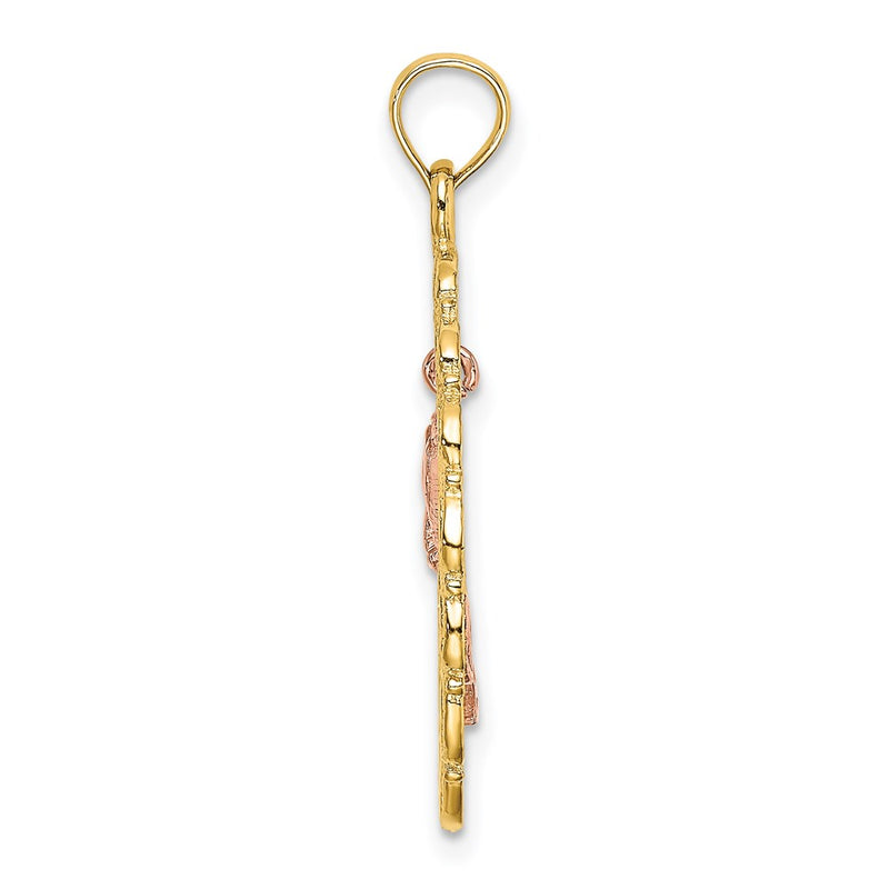 14k Two-tone Gold Two-tone Gold Textured Oval Frame Dangling Rose Charm