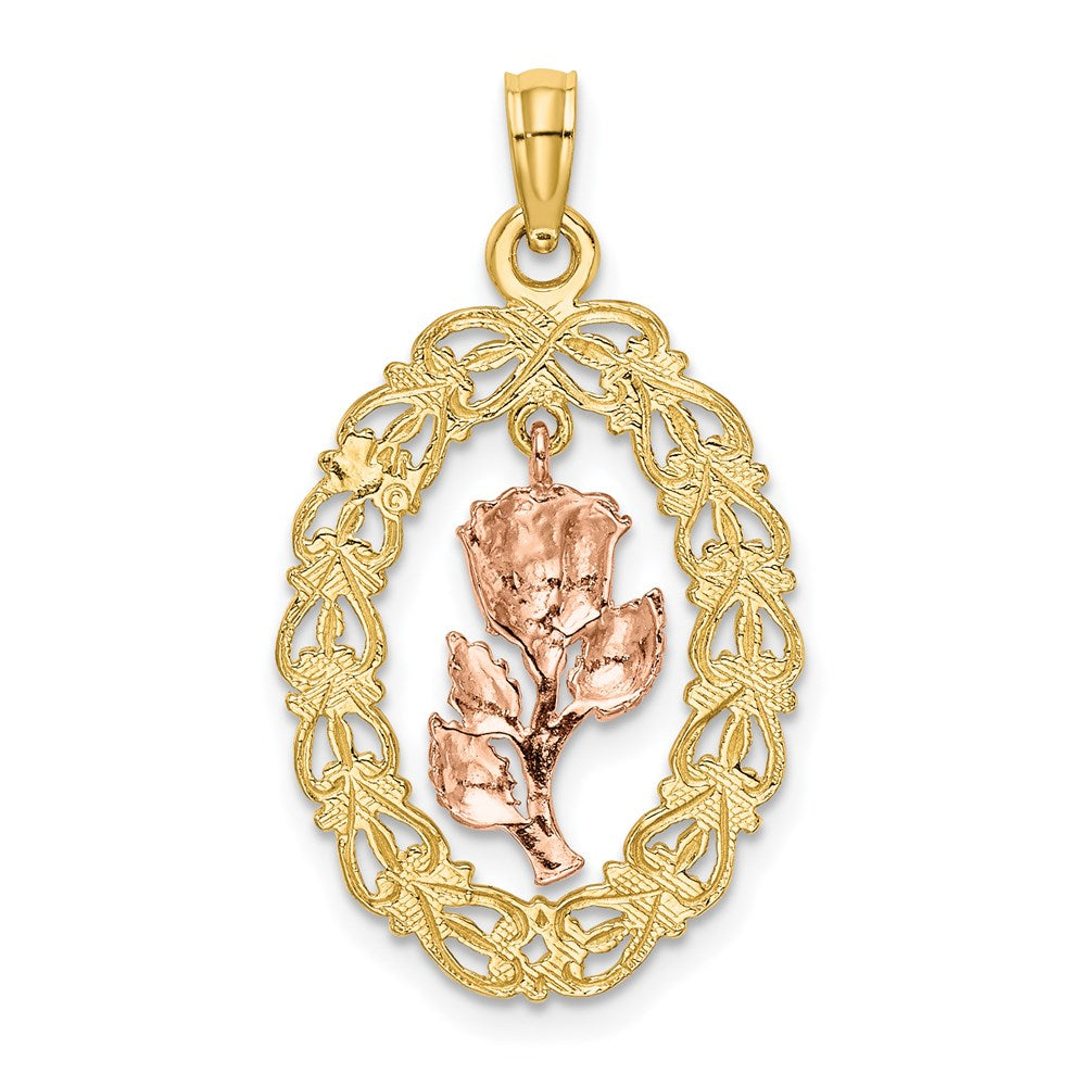 14k Two-tone Gold Two-tone Gold Textured Oval Frame Dangling Rose Charm