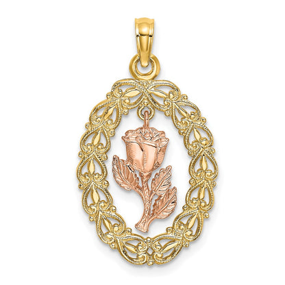 14k Two-tone Gold Two-tone Gold Textured Oval Frame Dangling Rose Charm
