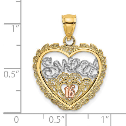 14k Two-tone Gold White Rhodium SWEET 16 In Heart Charm