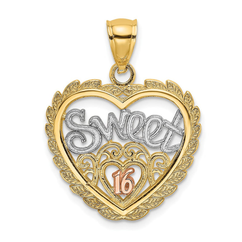 14k Two-tone Gold White Rhodium SWEET 16 In Heart Charm
