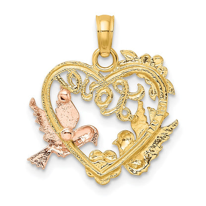 14k Two-tone Gold Yellow and Rose Gold w/Rhodium LOVE w/Doves Heart Charm