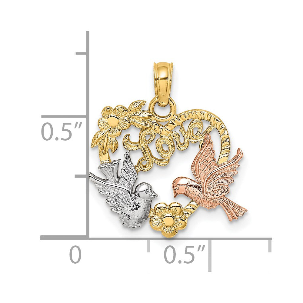 14k Two-tone Gold Yellow and Rose Gold w/Rhodium LOVE w/Doves Heart Charm