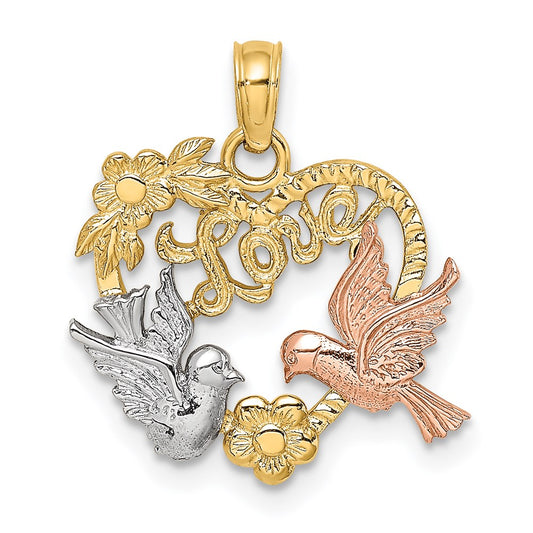 14k Two-tone Gold Yellow and Rose Gold w/Rhodium LOVE w/Doves Heart Charm