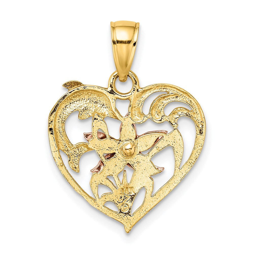 14k Two-tone Gold w/White Rhodium Dolphin and Starfish In Heart Charm