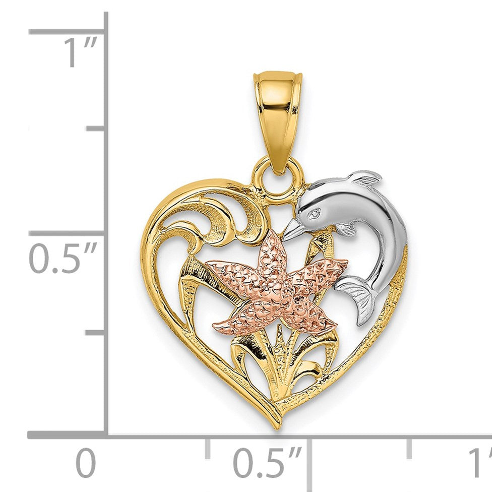 14k Two-tone Gold w/White Rhodium Dolphin and Starfish In Heart Charm