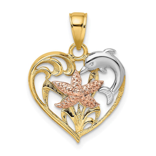 14k Two-tone Gold w/White Rhodium Dolphin and Starfish In Heart Charm