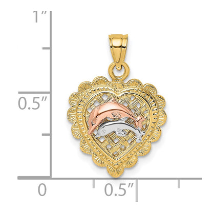 14k Two-tone Gold Two-tone Gold W/White Rhodium 2 Dolphins On Basket Heart Charm